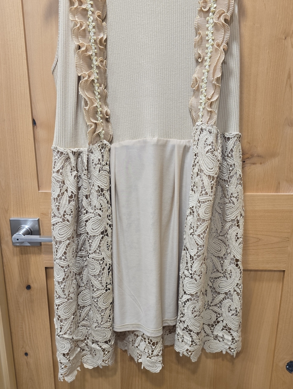 PRETTY ANGEL Beige Ruffle and Lace Accent Long Duster Vest - Picture 9 of 9